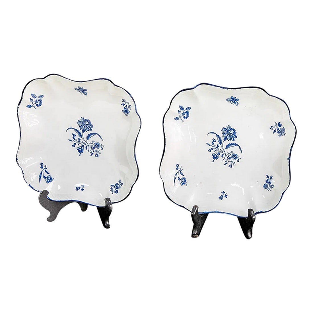 18thC English Royal Worcester Plates With Blue and White Gilliflower Design (Purchased From Christie: A collector's item! Late 18th C. English Worcester Porcelain Square Plates, Pair, in Gilliflower Pattern, Having Central Floral Spray Surrounded by Floral and Butterfly Designs, Basket Weave Top