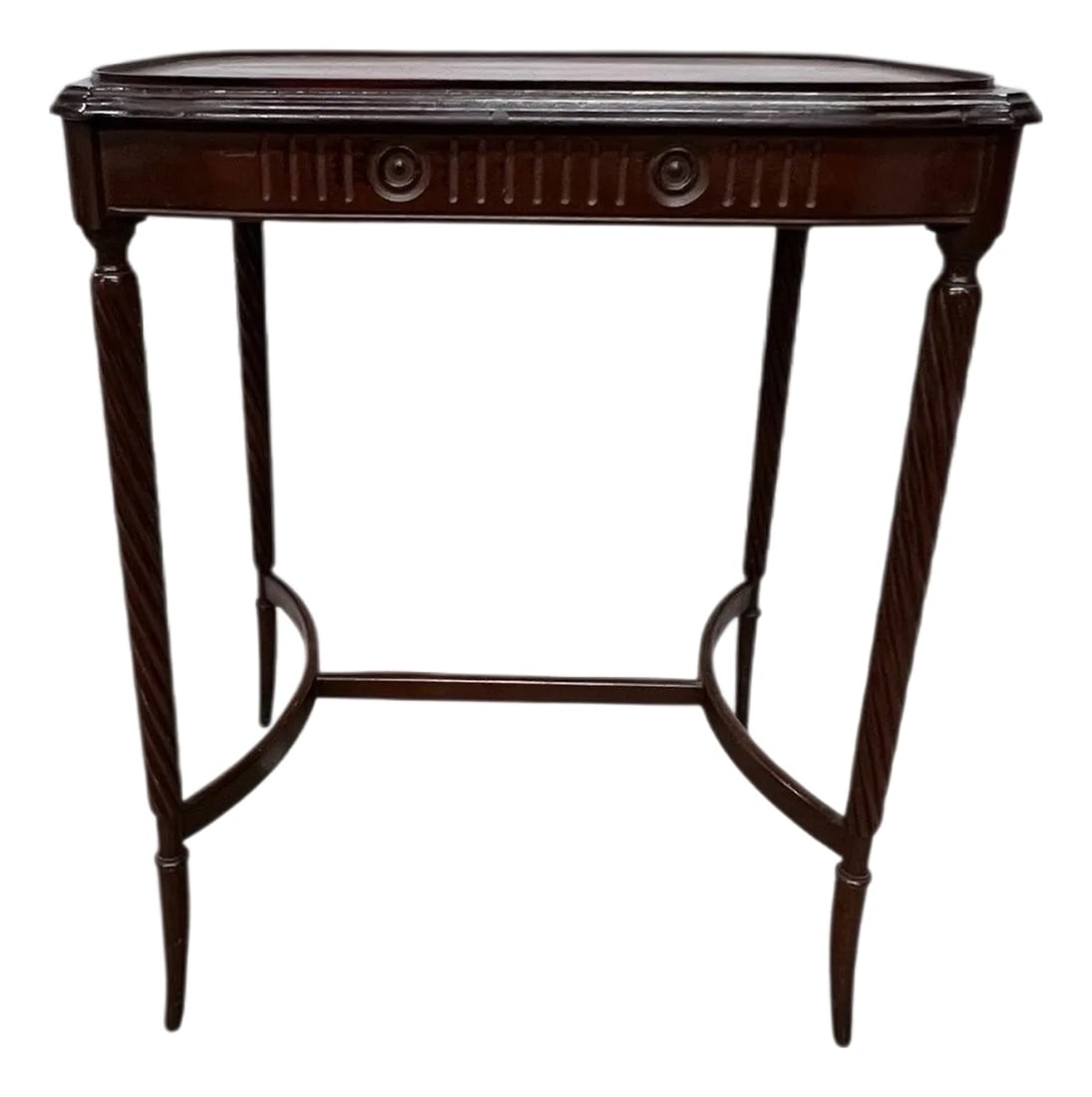 Antique Mahogany Side, Drink, Tea Table, Burl Top and Barley Twist Legs: Antique mahogany side, drink, tea table with barley twist legs and burl wood top. Has some minor imperfections such as scuffs and vacuum marks. Light weight makes for easy placement. See pictures.