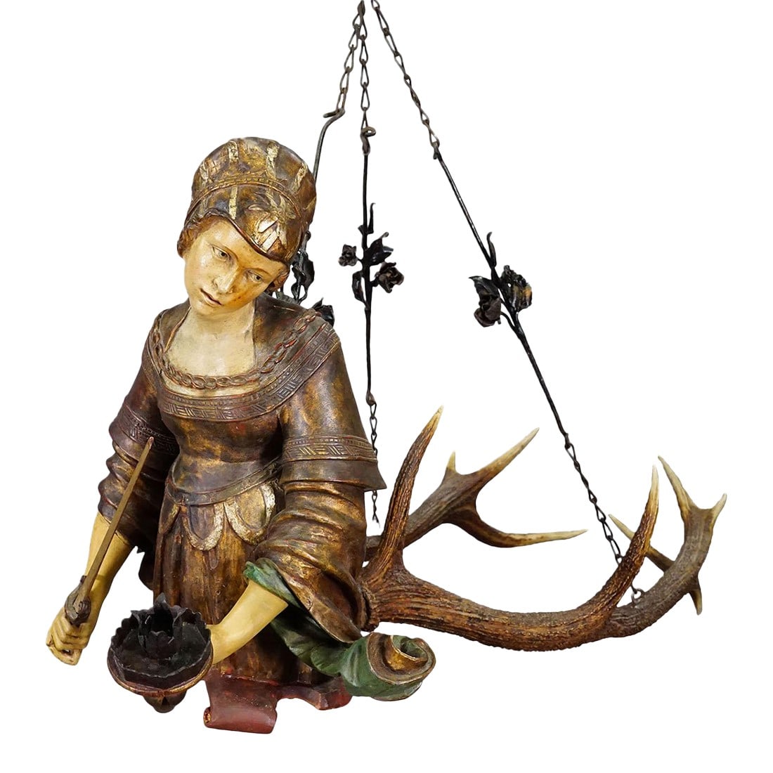 Antique Lusterweibchen Depicting Lucretia, Germany 1900: Antique Lusterweibchen Depicting Lucretia, Germany 1900 An impressive antique chandelier depicting Saint Lucretia, the Roman heroine who turns the dagger against herself and commits suicide after she 