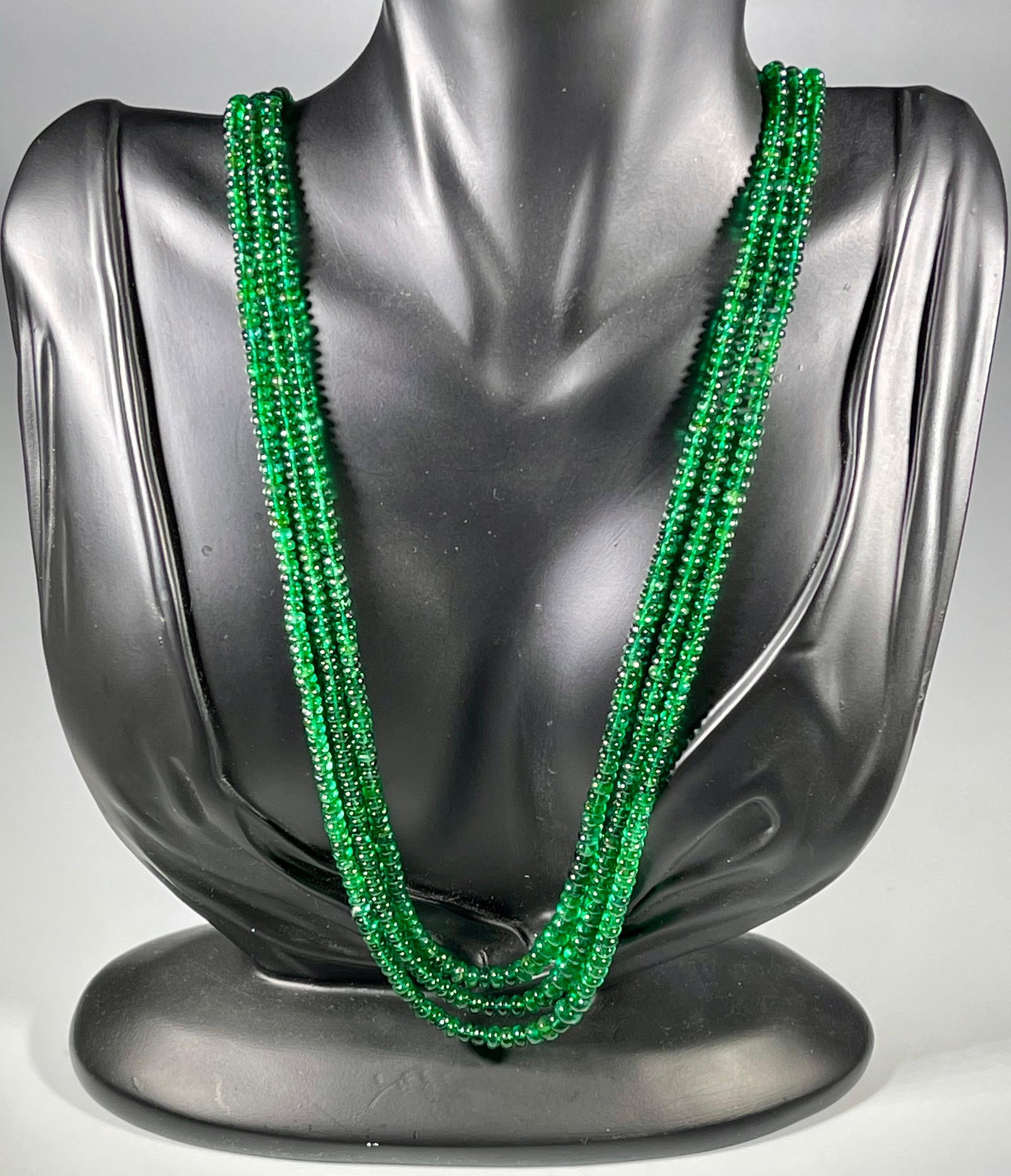200Ct Fine Emerald Beads 3 Line Necklace with 14 Kt Yellow Gold Clasp Adjustable - 12