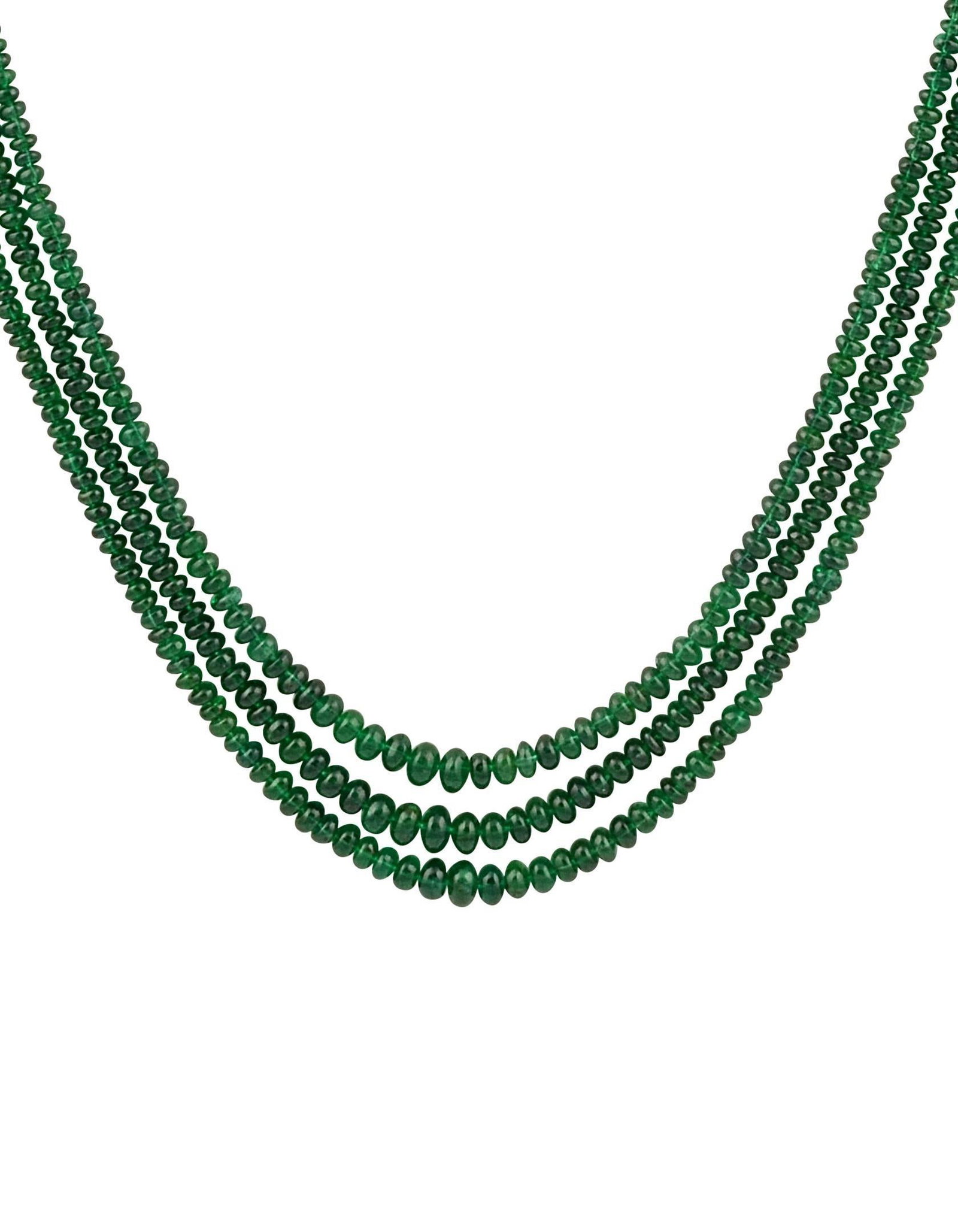 200Ct Fine Emerald Beads 3 Line Necklace with 14 Kt Yellow Gold Clasp Adjustable - 16