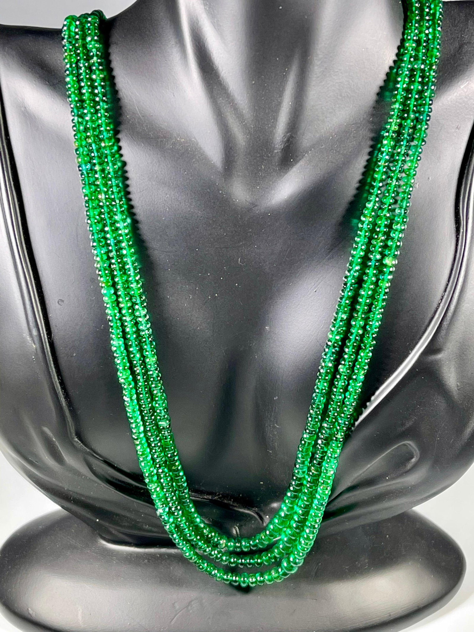 200Ct Fine Emerald Beads 3 Line Necklace with 14 Kt Yellow Gold Clasp Adjustable - 17