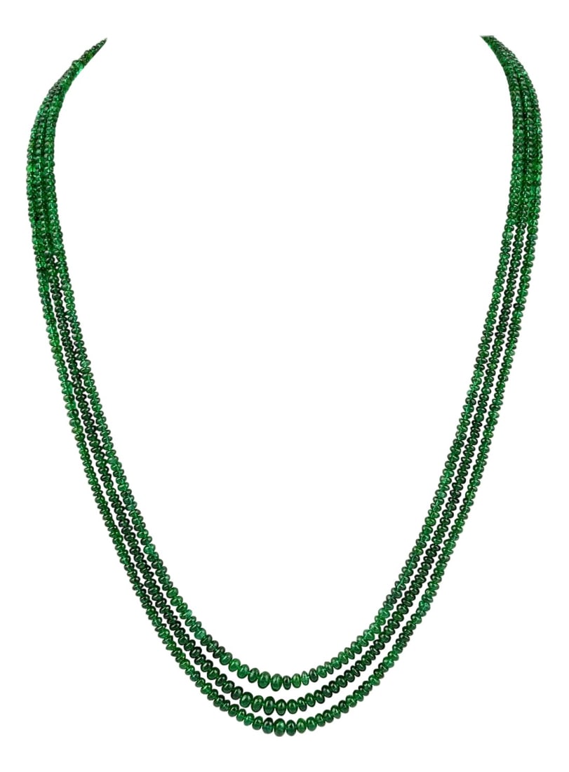 200Ct Fine Emerald Beads 3 Line Necklace with 14 Kt Yellow Gold Clasp Adjustable: Approximately 200 Carat very fine Emerald Beads 3 Line Necklace With 14 Karat Yellow Gold Clasp Adjustable with multiple links This spectacular Necklace consisting of approximately 200 Ct of fine