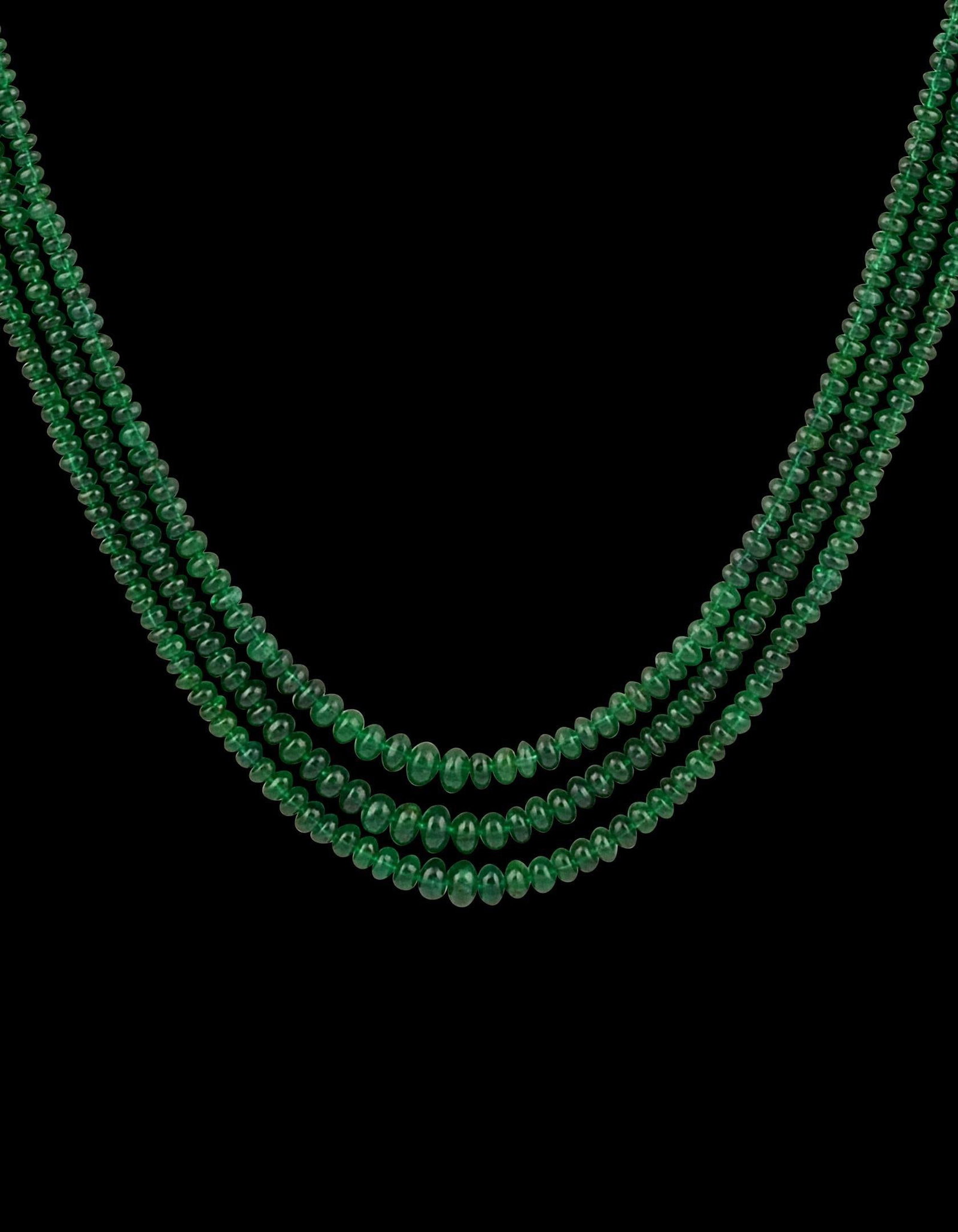 200Ct Fine Emerald Beads 3 Line Necklace with 14 Kt Yellow Gold Clasp Adjustable - 3