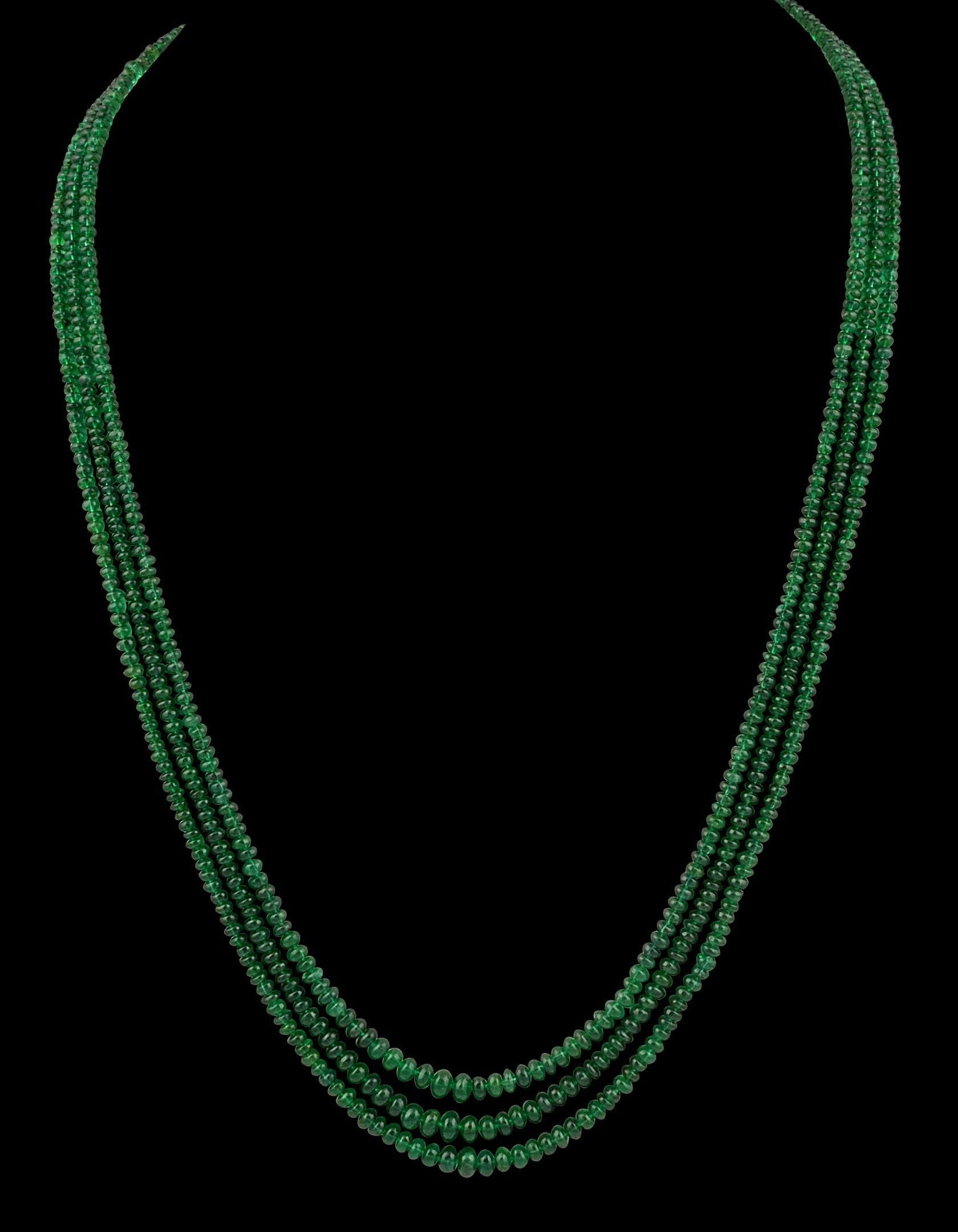 200Ct Fine Emerald Beads 3 Line Necklace with 14 Kt Yellow Gold Clasp Adjustable - 4