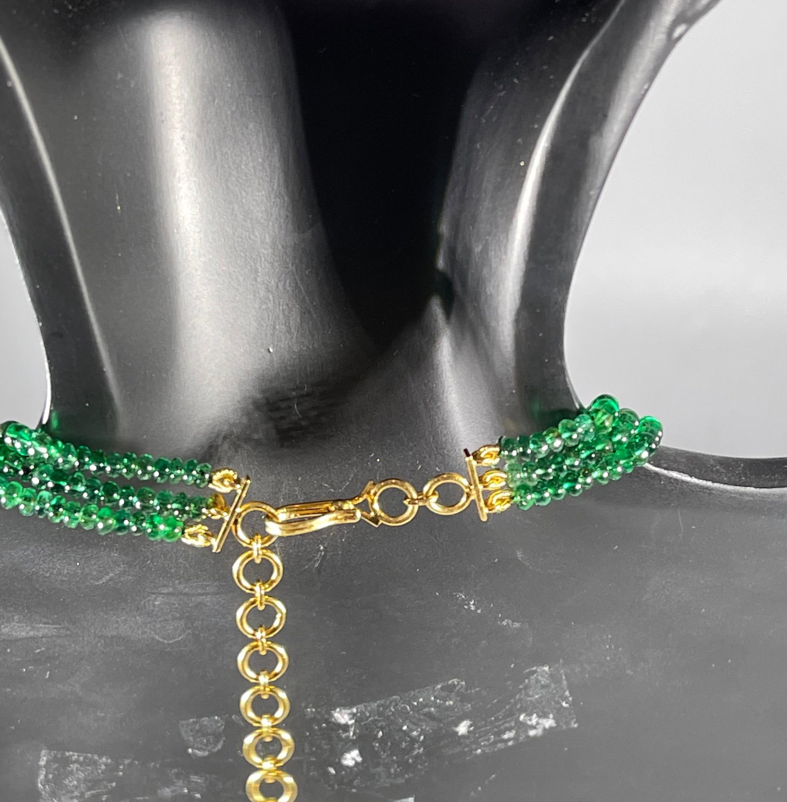 200Ct Fine Emerald Beads 3 Line Necklace with 14 Kt Yellow Gold Clasp Adjustable - 7
