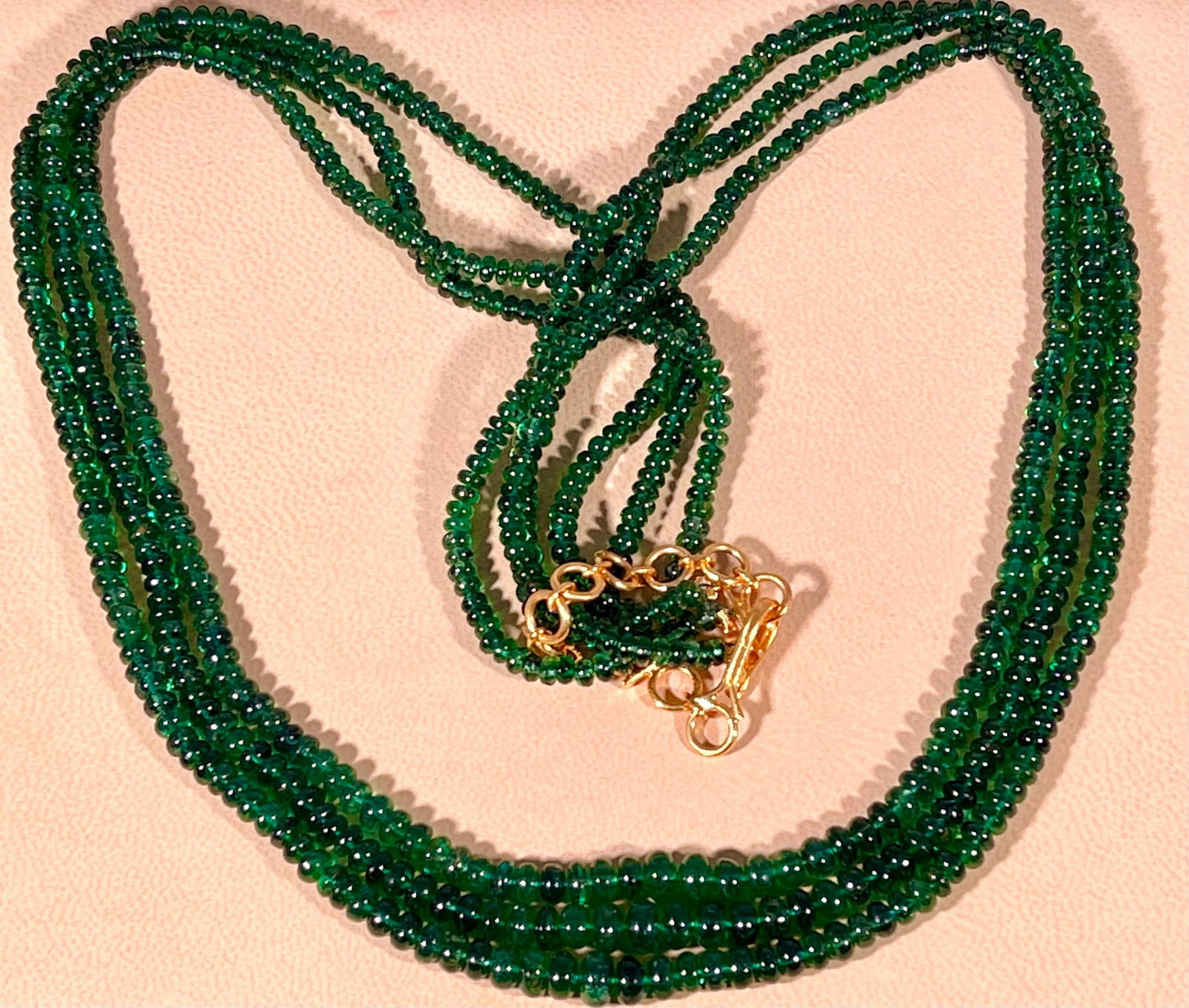 200Ct Fine Emerald Beads 3 Line Necklace with 14 Kt Yellow Gold Clasp Adjustable - 8