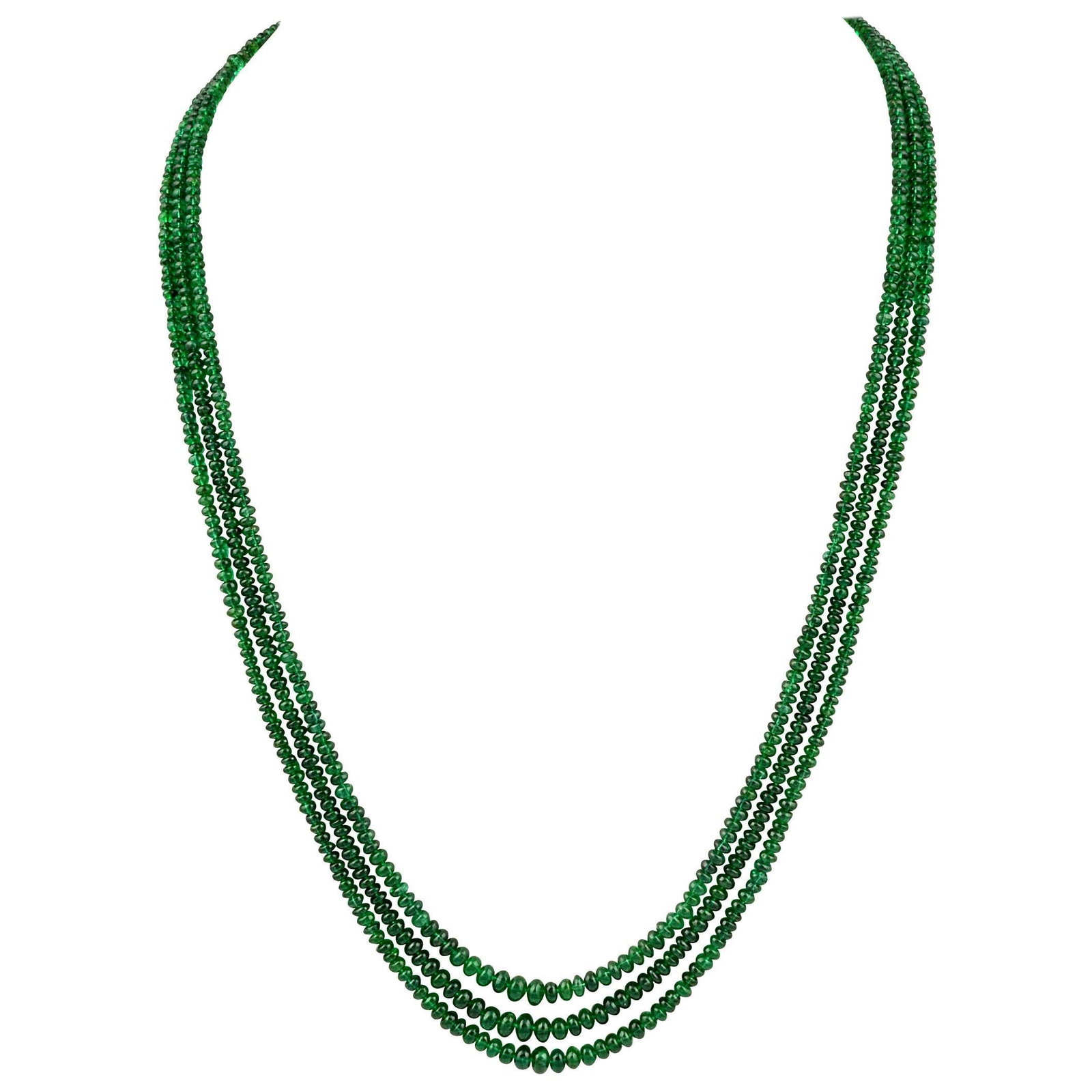 200Ct Fine Emerald Beads 3 Line Necklace with 14 Kt Yellow Gold Clasp Adjustable - 9