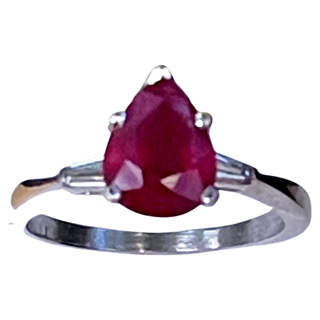 Pear Shape 2 Carat Treated Ruby & Diamond 14 Karat White Gold Ring - 3