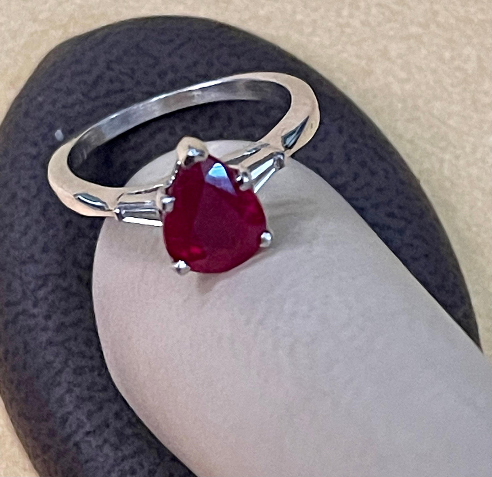 Pear Shape 2 Carat Treated Ruby & Diamond 14 Karat White Gold Ring - 5