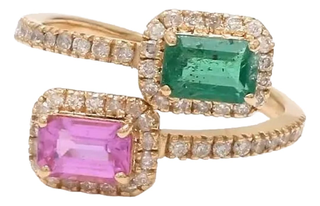 Natural 0.67 cts Zambian emerald and 0.73 cts sapphire ring in 14k gold: Emerald and pink sapphire two stone spiral ring gold Natural emerald and sapphire ring gold Emerald and pink sapphire emerald cut ring GEMSTONE DETAILS : âœ¦ Gemstone : Pink Sapphire /