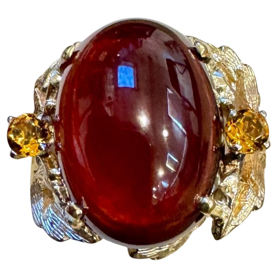 10.5 Carat Oval Garnet Cabochon 14 Karat Yellow Gold Cocktail Ring Vintage - 15