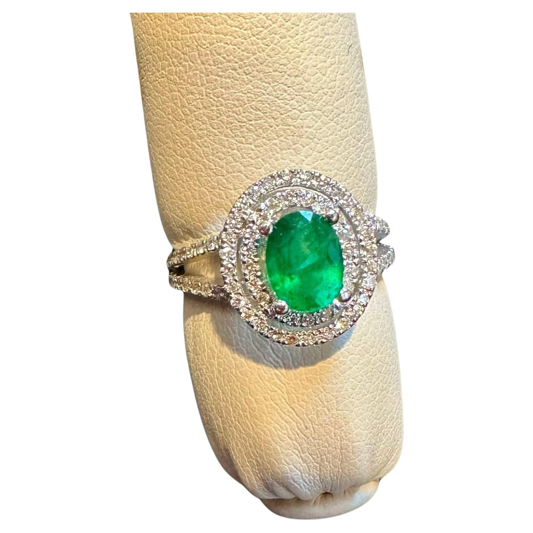 1.5 Ct Oval Cut Natural Emerald & 2 Ct Natural Diamond Halo Engagement Ring - 15