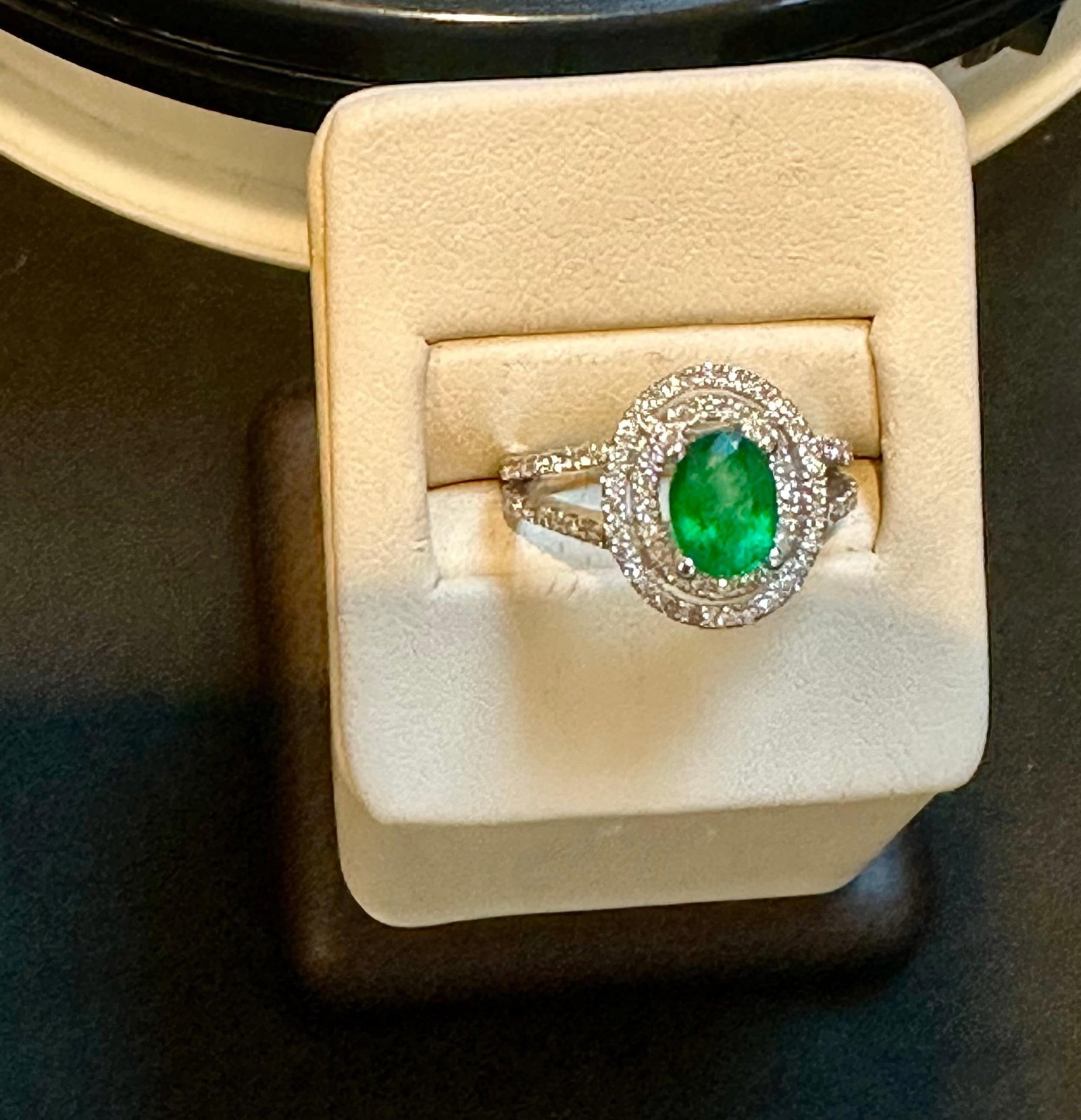1.5 Ct Oval Cut Natural Emerald & 2 Ct Natural Diamond Halo Engagement Ring - 2