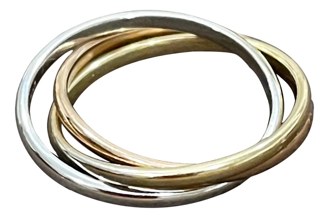 Trinity Tri-Color White, Yellow Gold and Rose, 14 Karat Gold Rolling Rings Italy: Trinity Tri-Color White, Yellow Gold & Rose, 14 Karat Gold Rolling Rings Italy Ring Size Size 6 Materials 14k Yellow Gold, White Gold and Rose Gold Made in Italy Measurements Each ring is approx. 1.7