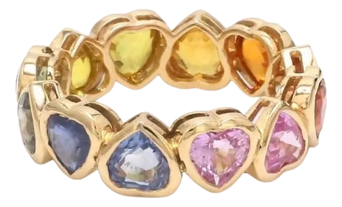 Natural 4.28 cts rainbow sapphire heart upside down ring in 14k gold: G-wt=3.250gm N-wt=2.364gm Condition: Imperfections: No Imperfections Condition Notes: New Category: Eternity Bands Origin: India Materials: 14K Gold, Sapphire Shipping: For an exact shipping quote,