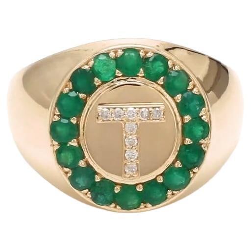 Natural 0.89 cts zambian emerald & 0.06 cts diamond T letter ring in 14k gold - 15