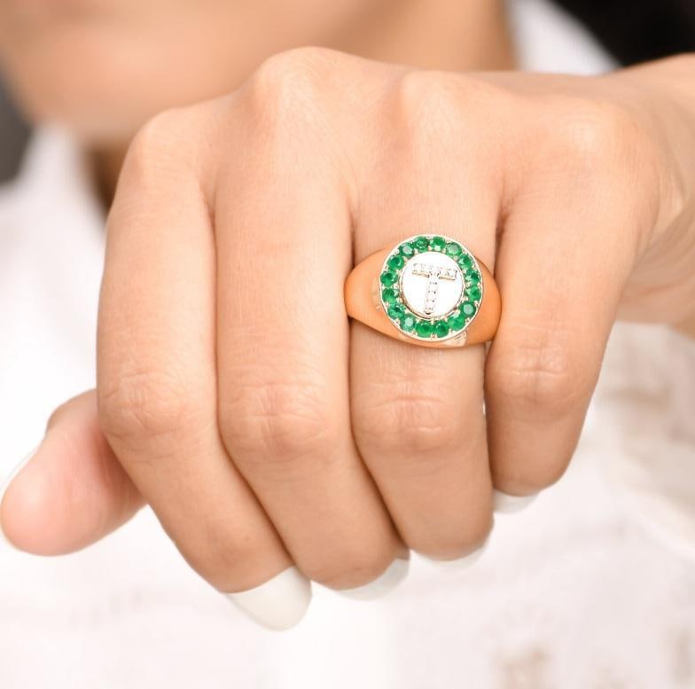 Natural 0.89 cts zambian emerald & 0.06 cts diamond T letter ring in 14k gold - 3