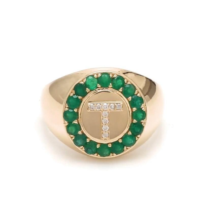 Natural 0.89 cts zambian emerald & 0.06 cts diamond T letter ring in 14k gold - 5