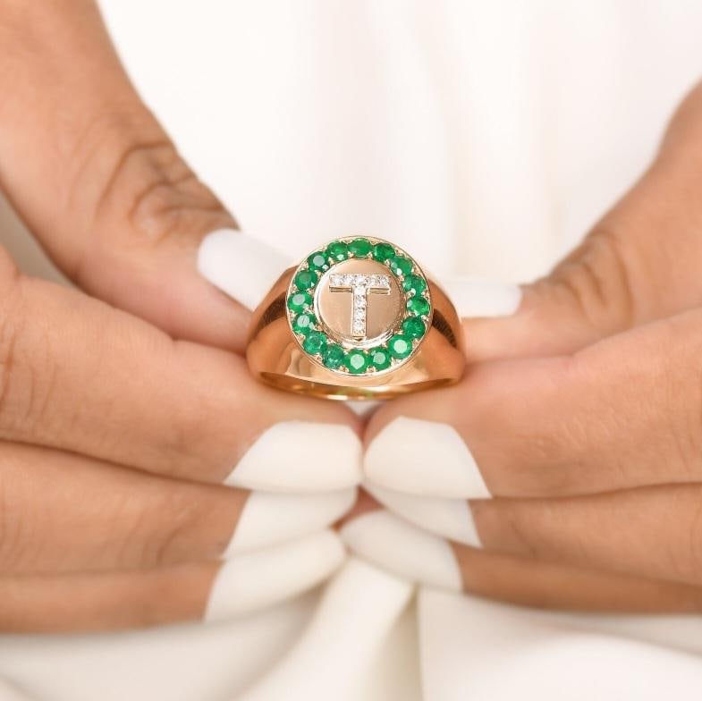 Natural 0.89 cts zambian emerald & 0.06 cts diamond T letter ring in 14k gold - 9