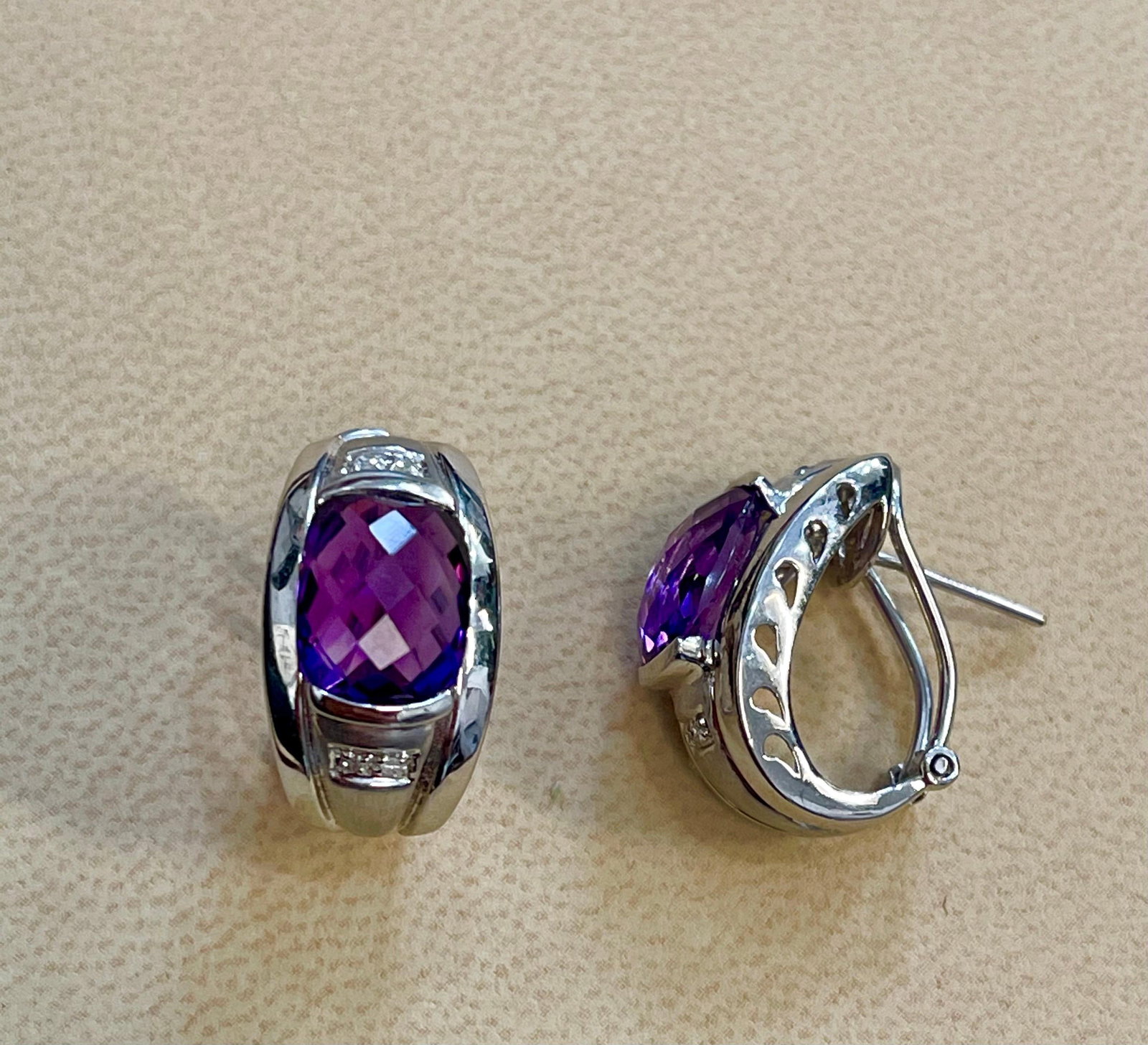 6 Carat Amethyst and Diamond 14 Karat White Gold Earrings, Omega Back - 11