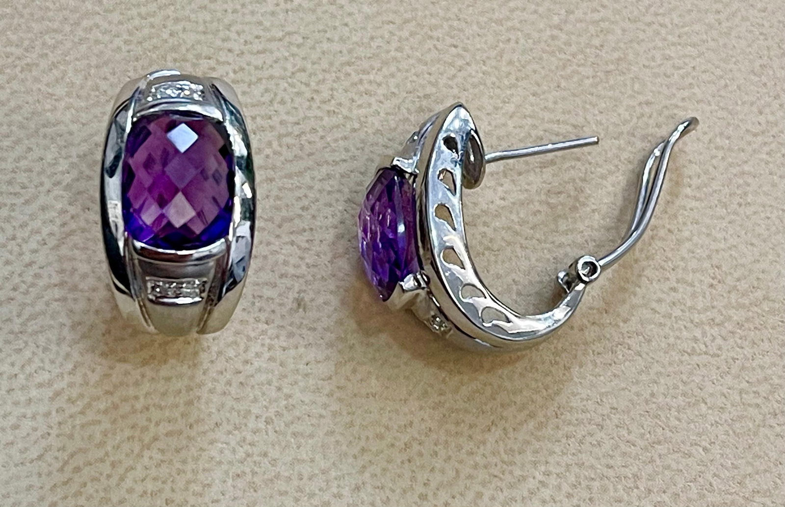 6 Carat Amethyst and Diamond 14 Karat White Gold Earrings, Omega Back - 12