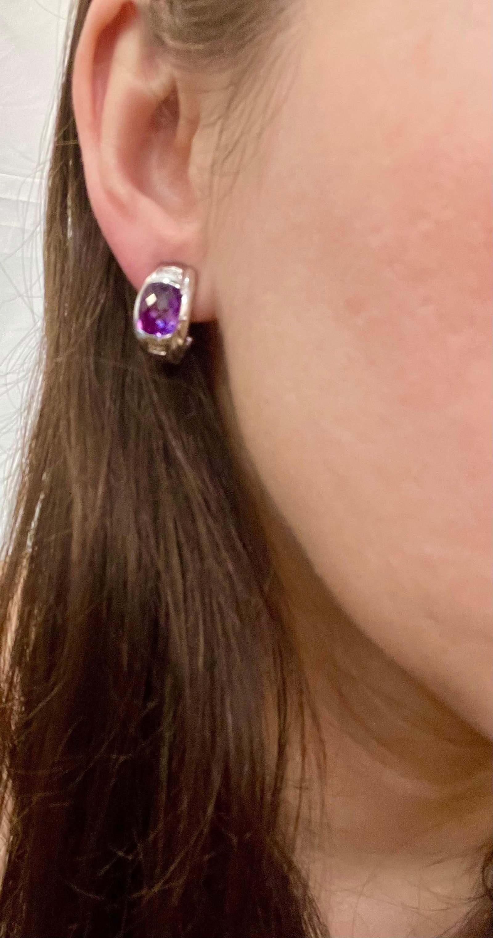 6 Carat Amethyst and Diamond 14 Karat White Gold Earrings, Omega Back - 13