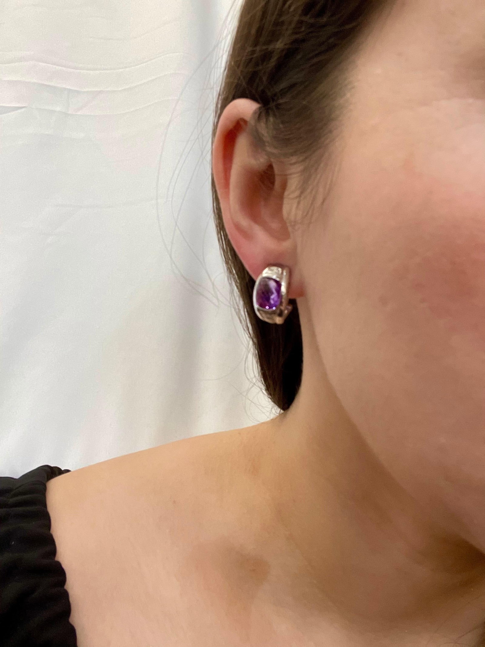 6 Carat Amethyst and Diamond 14 Karat White Gold Earrings, Omega Back - 14