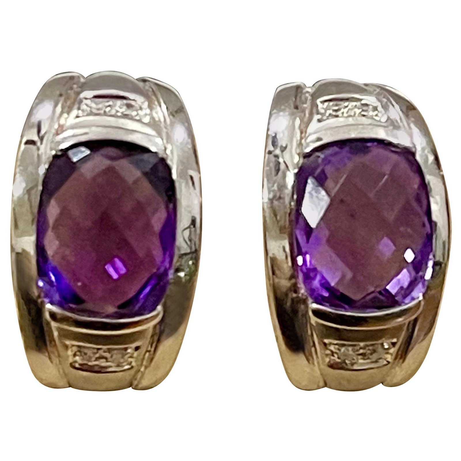 6 Carat Amethyst and Diamond 14 Karat White Gold Earrings, Omega Back - 15