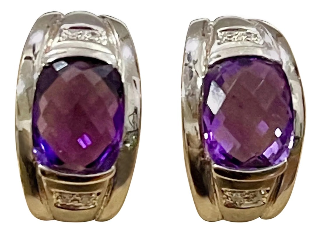 6 Carat Amethyst and Diamond 14 Karat White Gold Earrings, Omega Back: 6 Carat Amethyst and Diamond 14 Karat White Gold Earrings, Omega Back Beautiful pair of earrings finely crafted in 14 Karat solid White gold. Very desirable color and quality. perfect pair made in 14