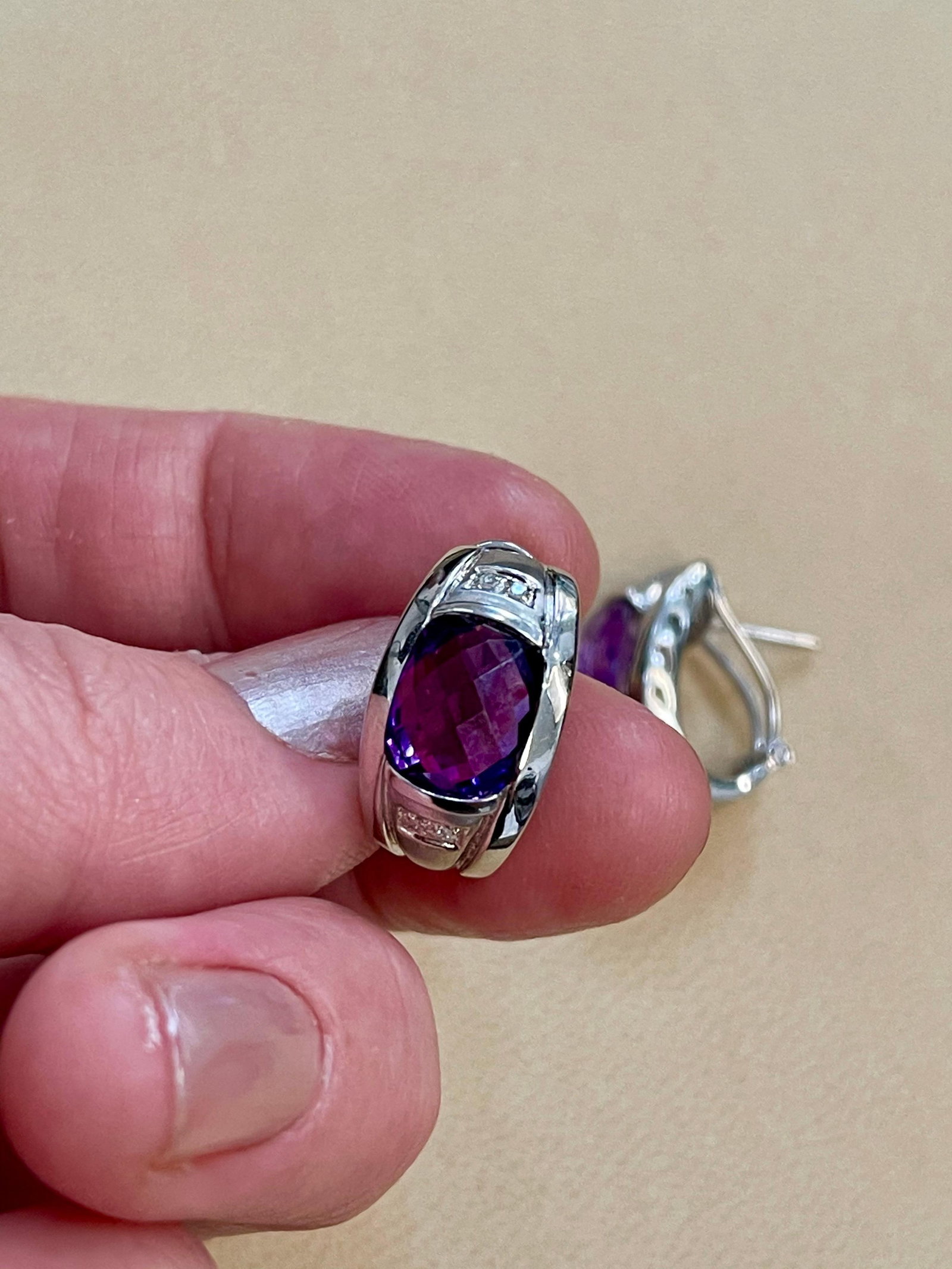 6 Carat Amethyst and Diamond 14 Karat White Gold Earrings, Omega Back - 2