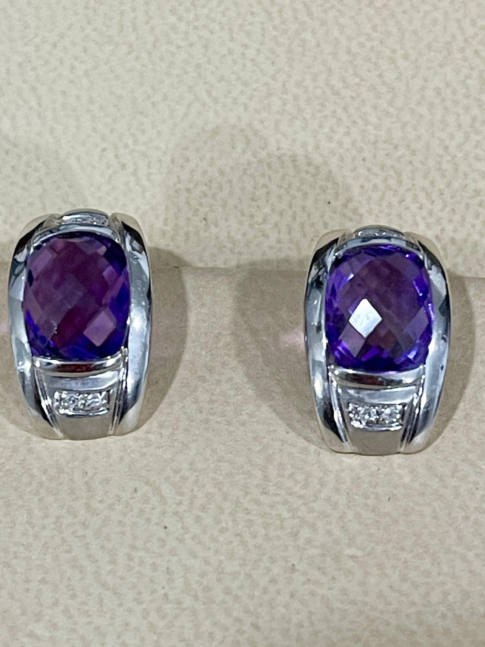 6 Carat Amethyst and Diamond 14 Karat White Gold Earrings, Omega Back - 3