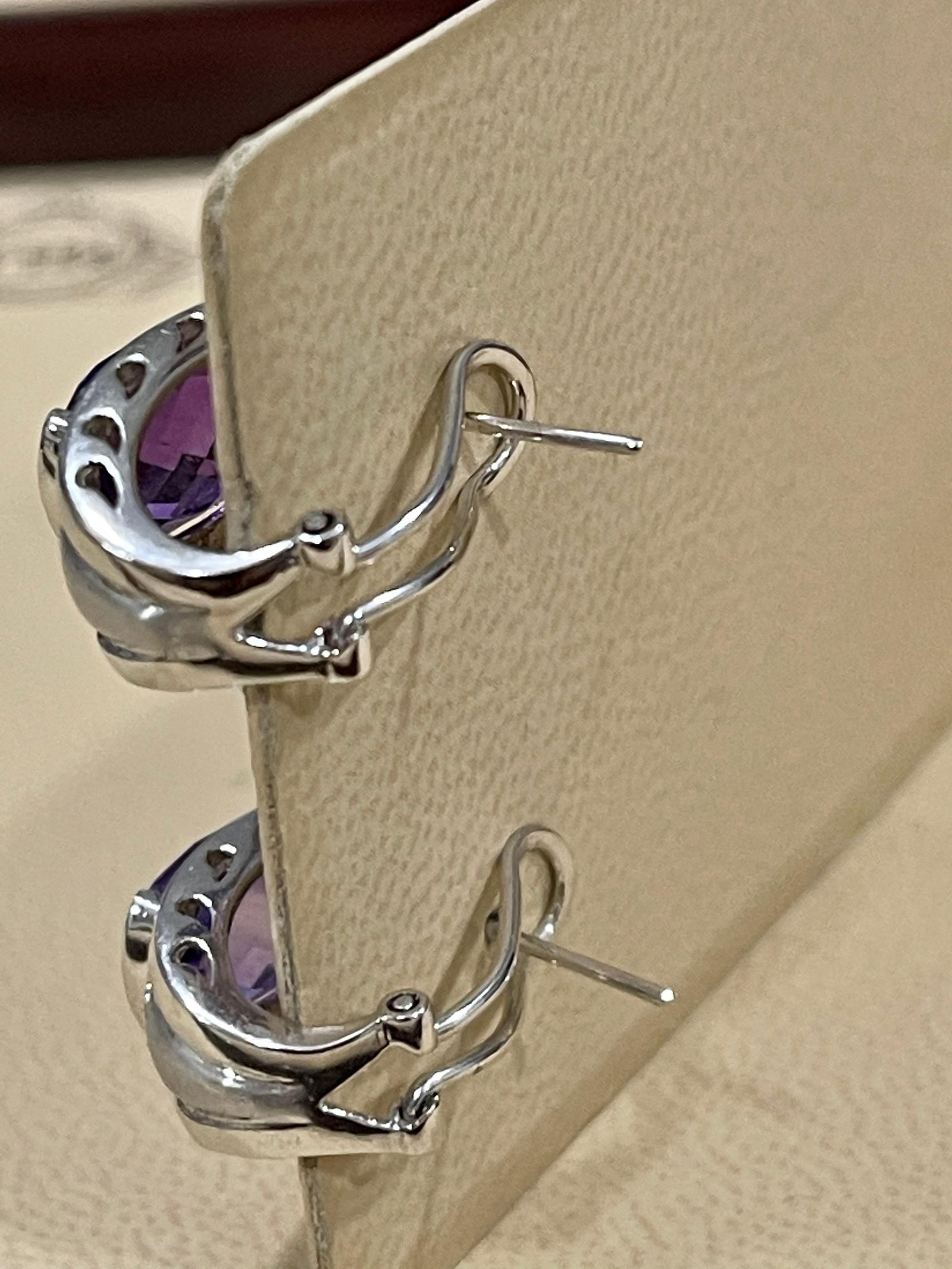 6 Carat Amethyst and Diamond 14 Karat White Gold Earrings, Omega Back - 4