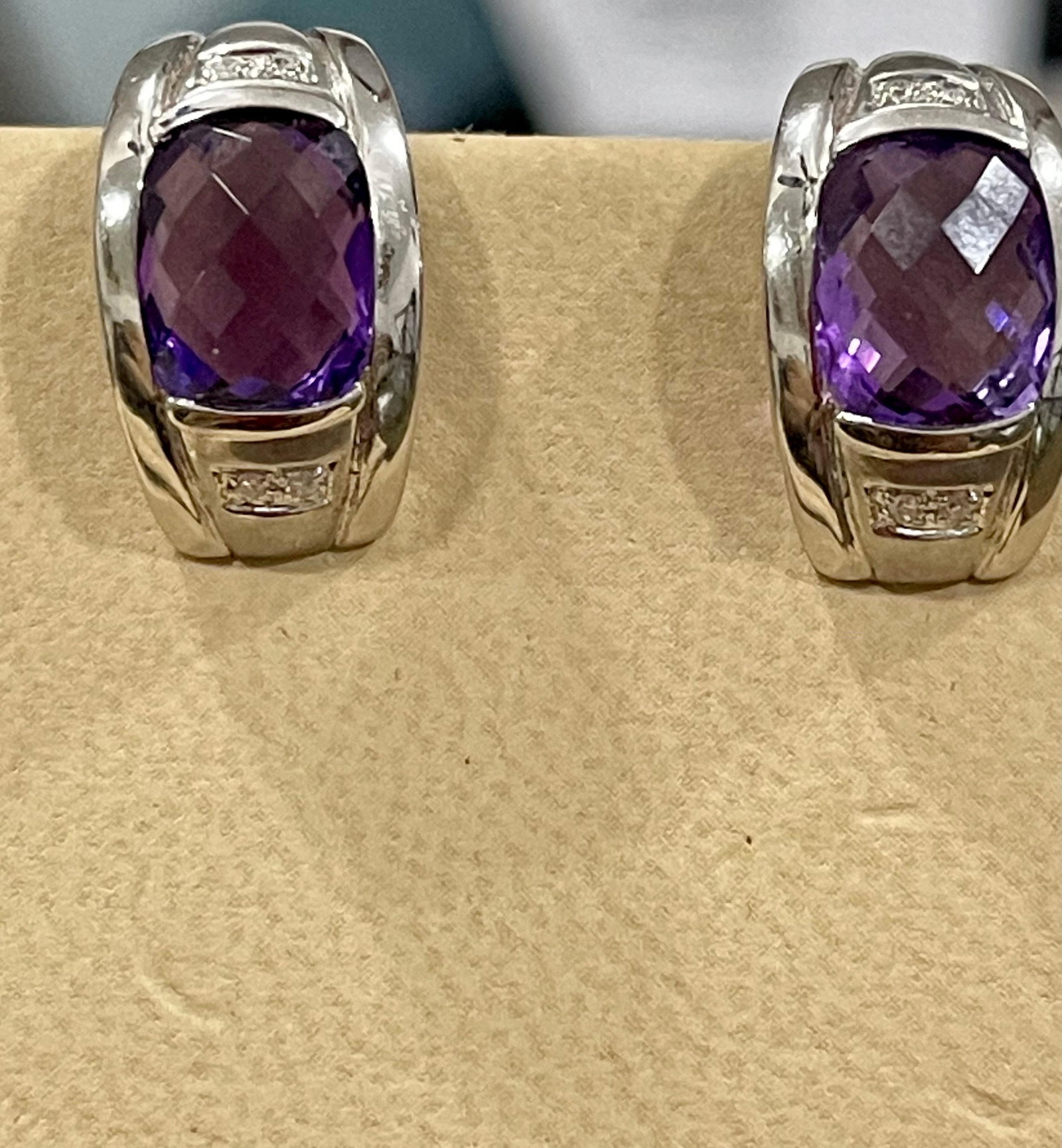 6 Carat Amethyst and Diamond 14 Karat White Gold Earrings, Omega Back - 5