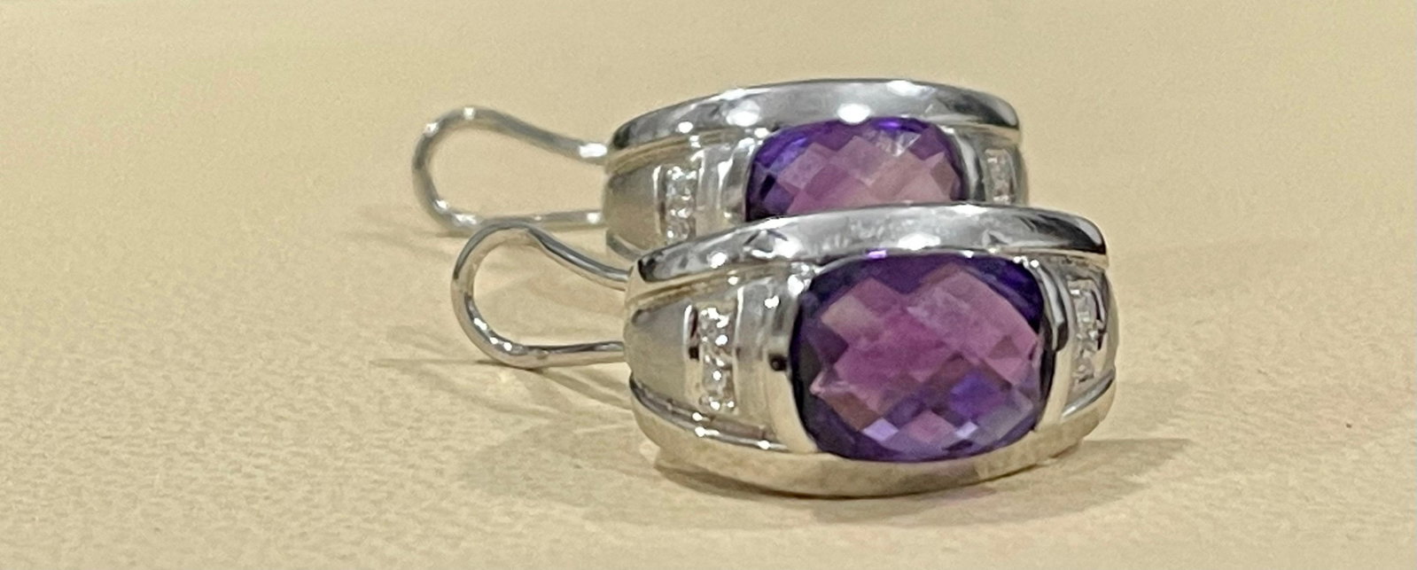 6 Carat Amethyst and Diamond 14 Karat White Gold Earrings, Omega Back - 6