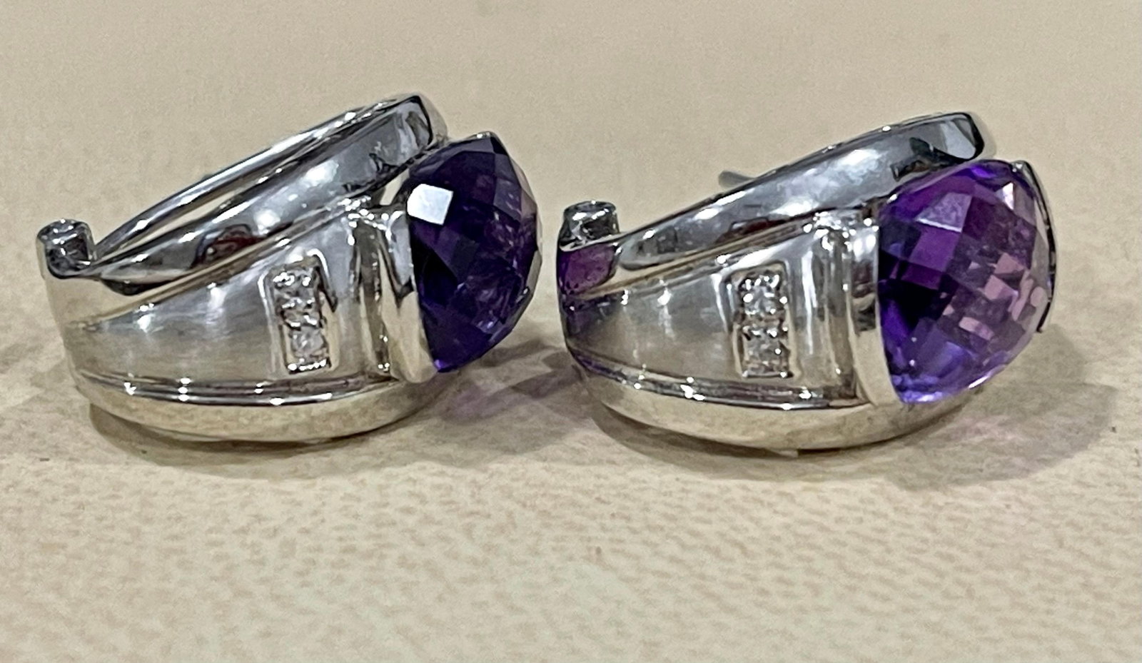 6 Carat Amethyst and Diamond 14 Karat White Gold Earrings, Omega Back - 7
