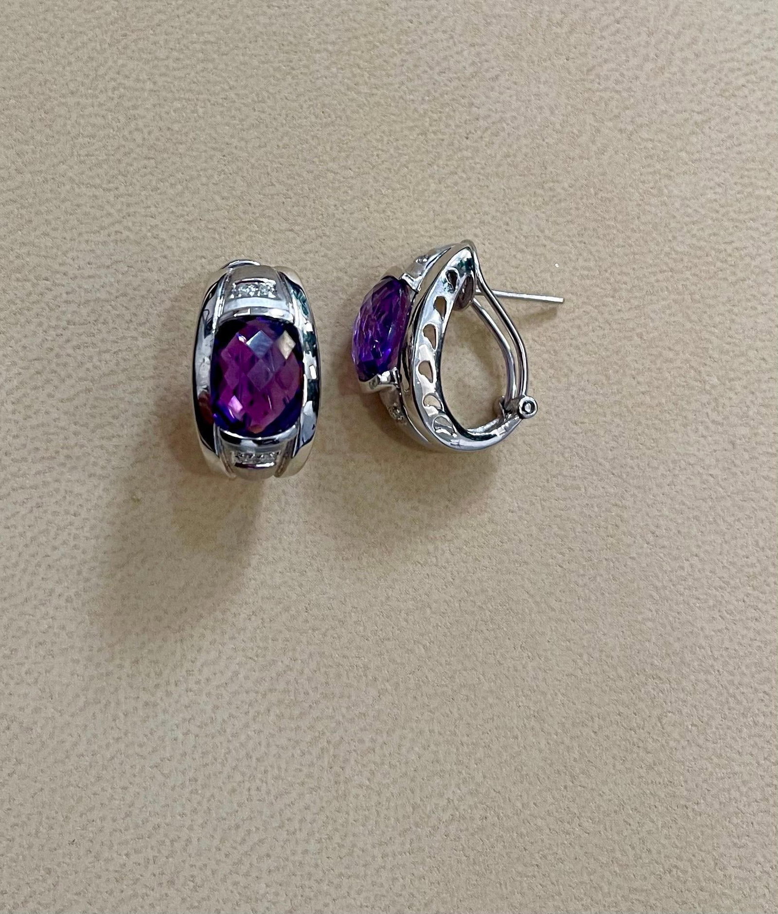 6 Carat Amethyst and Diamond 14 Karat White Gold Earrings, Omega Back - 9