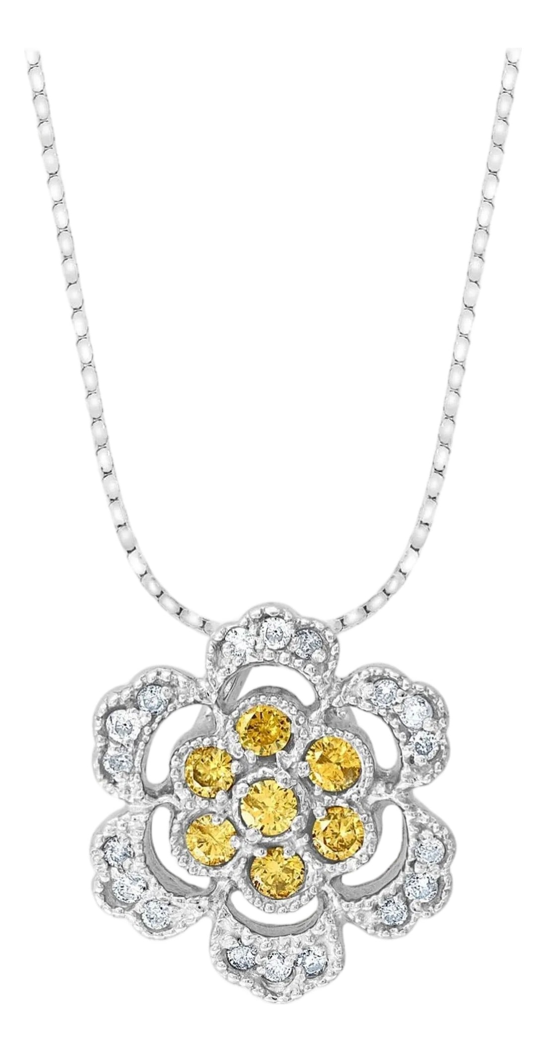 Designer Effy's 0.44 Ct Yellow & White Diamond Pendant with 14 Kt White Gold: Designer Effy's 0.44 Ct Yellow & White Diamond Pendant with 14 Kt White Gold chain This exquisite Pendant beautifully crafted with 14 karat White gold . Weight of 14 K gold 4.1 grams 18 round White