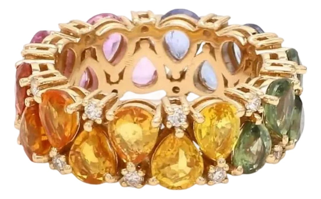 Natural 8.53 cts rainbow sapphire & 0.31 cts diamond ring in 14k gold: Rainbow sapphire pear shape eternity band ring 14K gold Natural rainbow sapphire diamond ring gold Rainbow ombre eternity band ring gold STONE DETAILS: âœ¦ Gemstone : Rainbow Sapphire &