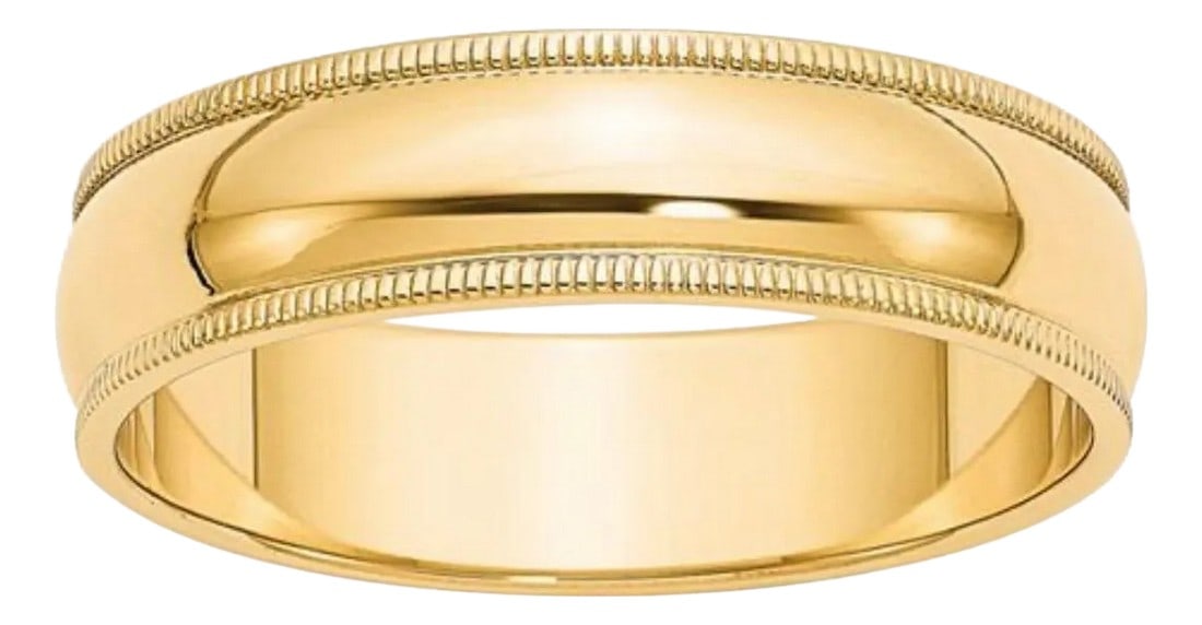 14 Karat Gold Milgrain Half Round Comfort Fit Wedding Band 8.5 Grams: 14 Karat Gold 6.5mm Wide Milgrain Half Round Comfort Fit Wedding Band 8.5 Grams This timeless style adds a Milgrain edge to each side of the classic domed band. Quality craftsmanship makes this long