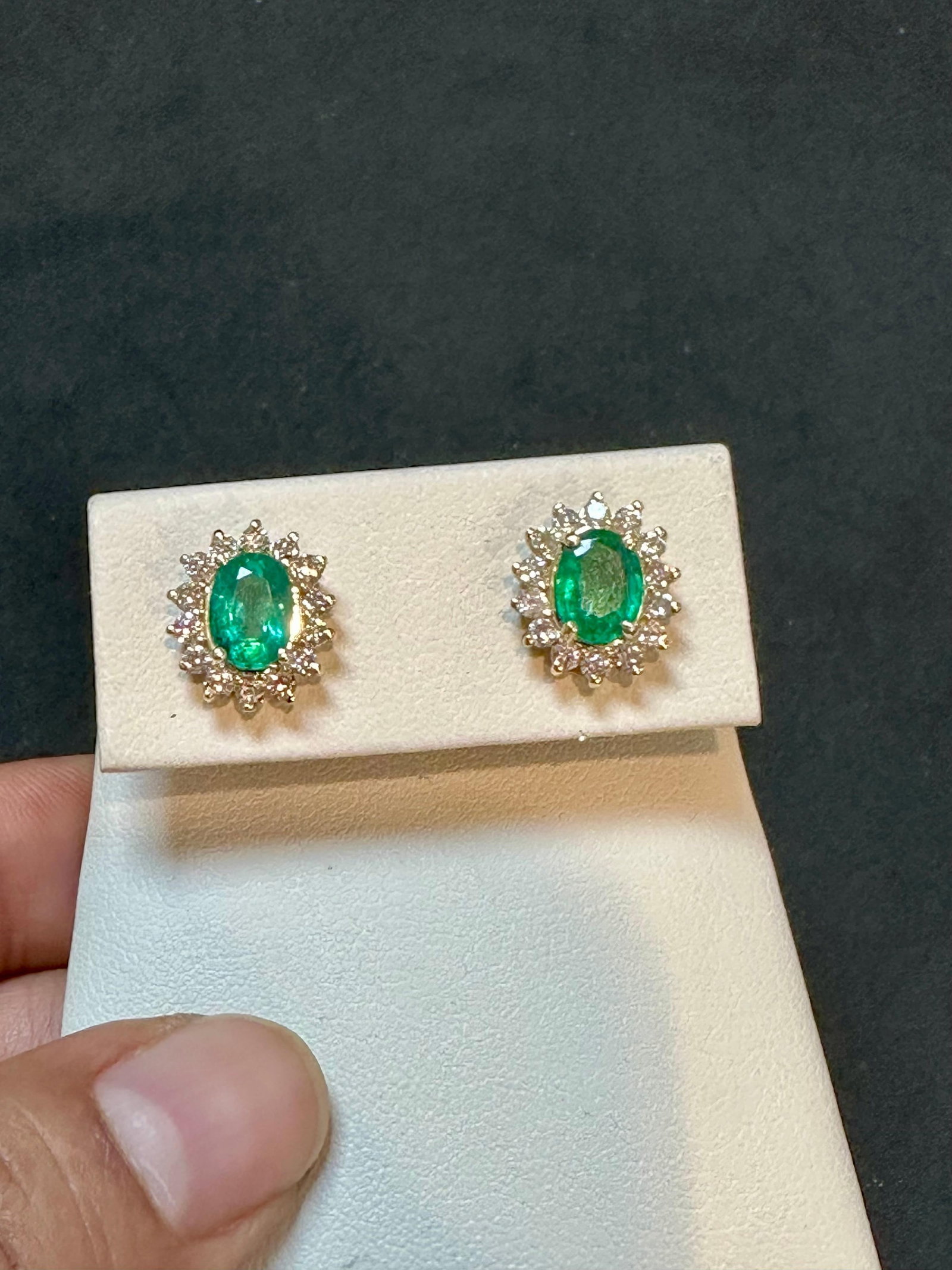 4 Ct Oval Shape Emerald & 1.5 Ct Diamond Post Back Earrings 14 Karat Yellow Gold - 13