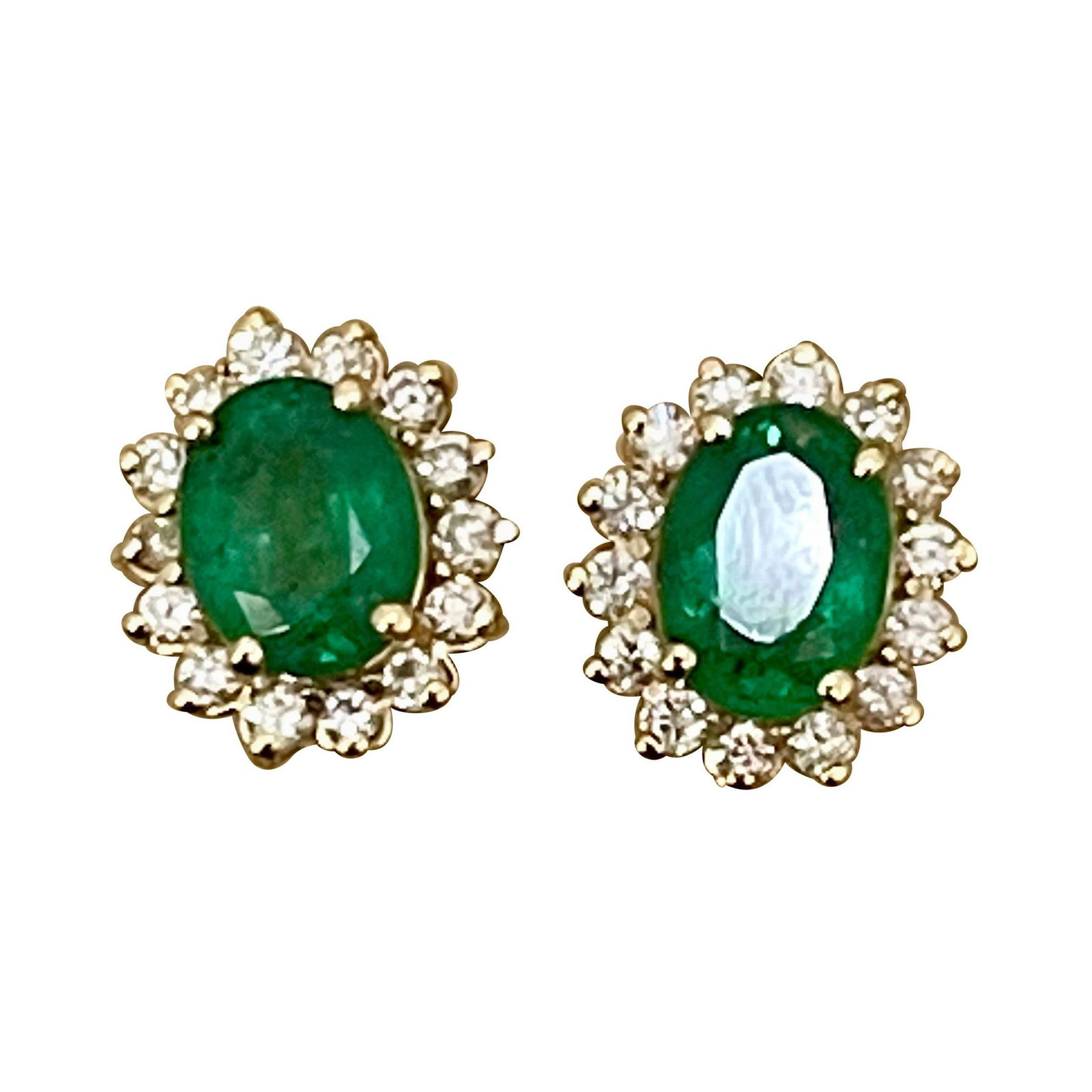 4 Ct Oval Shape Emerald & 1.5 Ct Diamond Post Back Earrings 14 Karat Yellow Gold - 17