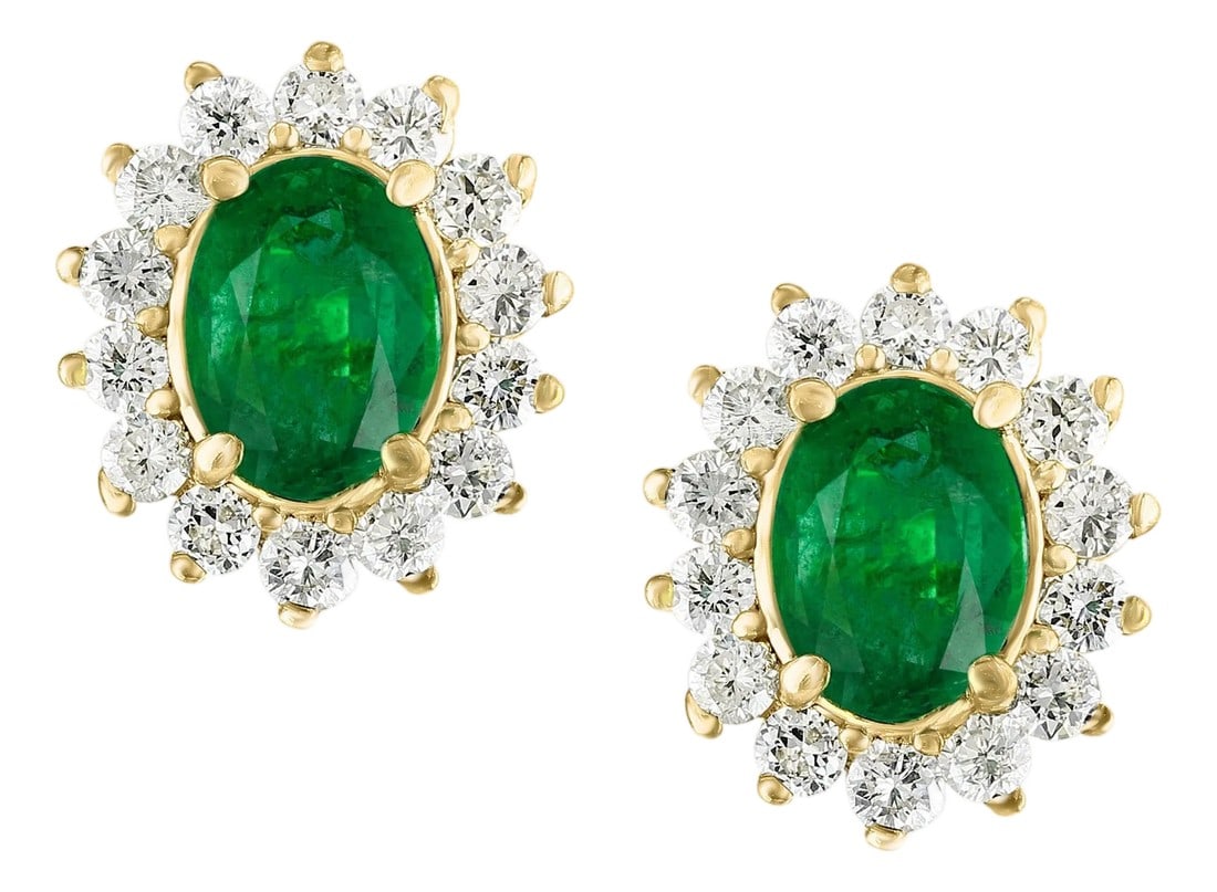 4 Ct Oval Shape Emerald & 1.5 Ct Diamond Post Back Earrings 14 Karat Yellow Gold (1 of 17)