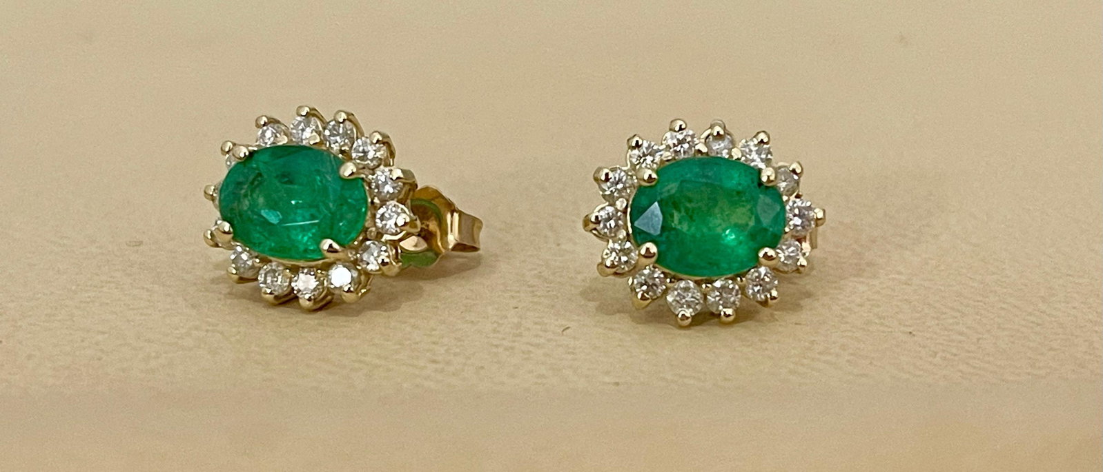 4 Ct Oval Shape Emerald & 1.5 Ct Diamond Post Back Earrings 14 Karat Yellow Gold - 4
