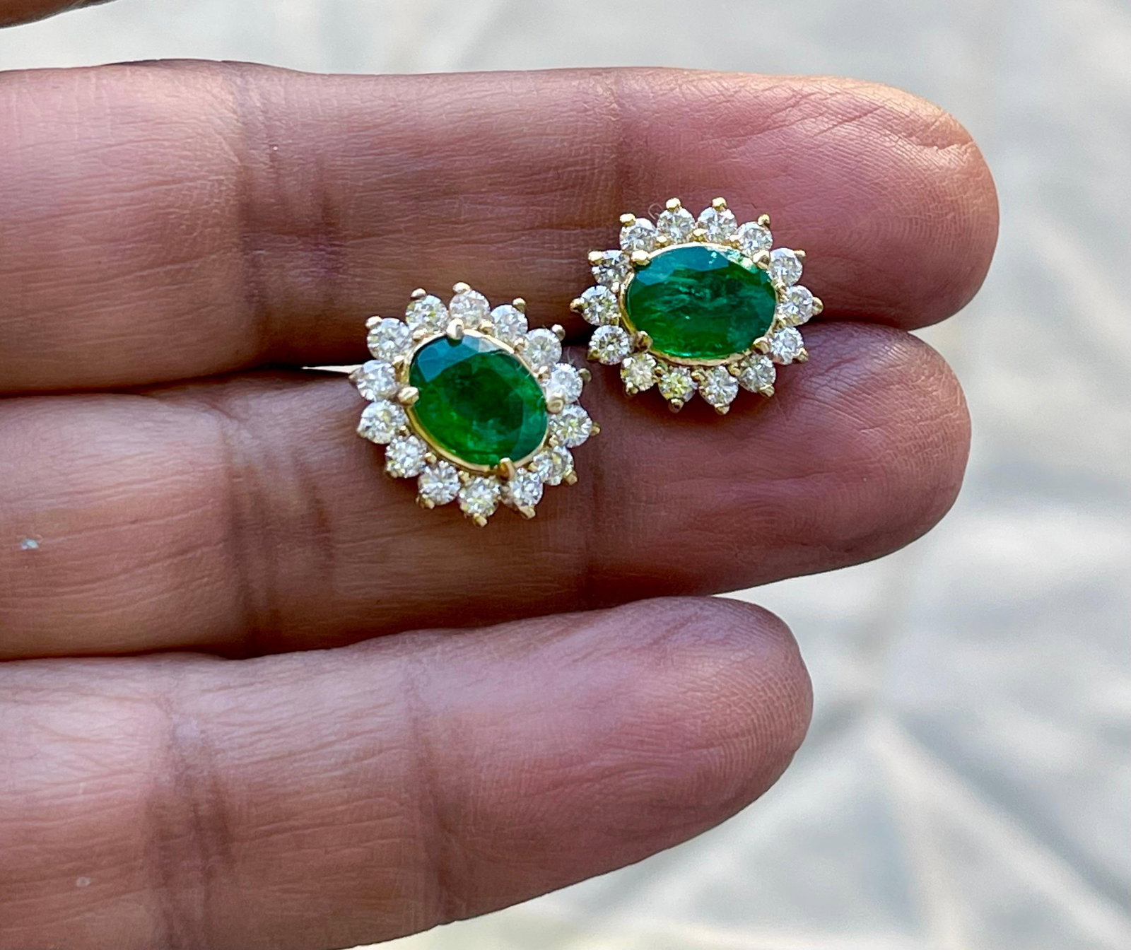 4 Ct Oval Shape Emerald & 1.5 Ct Diamond Post Back Earrings 14 Karat Yellow Gold - 7