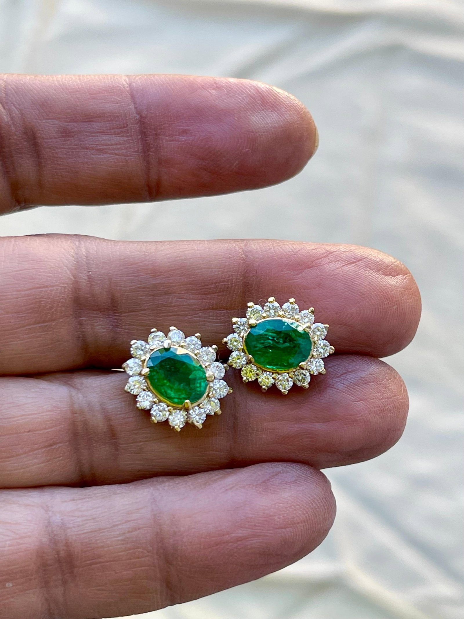 4 Ct Oval Shape Emerald & 1.5 Ct Diamond Post Back Earrings 14 Karat Yellow Gold - 8