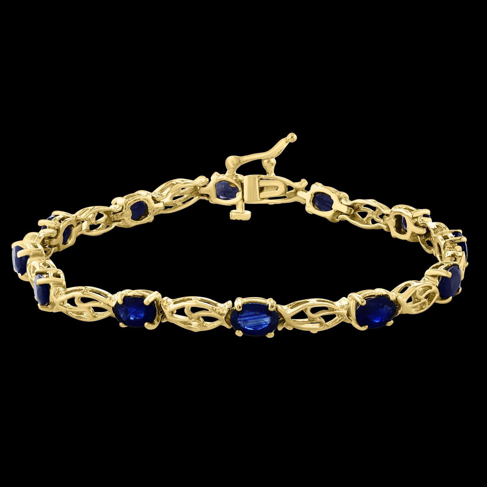 8Ct Natural Oval Blue Sapphire Tennis Bracelet 14 Karat Yellow Gold, 7 Inch Long - 14