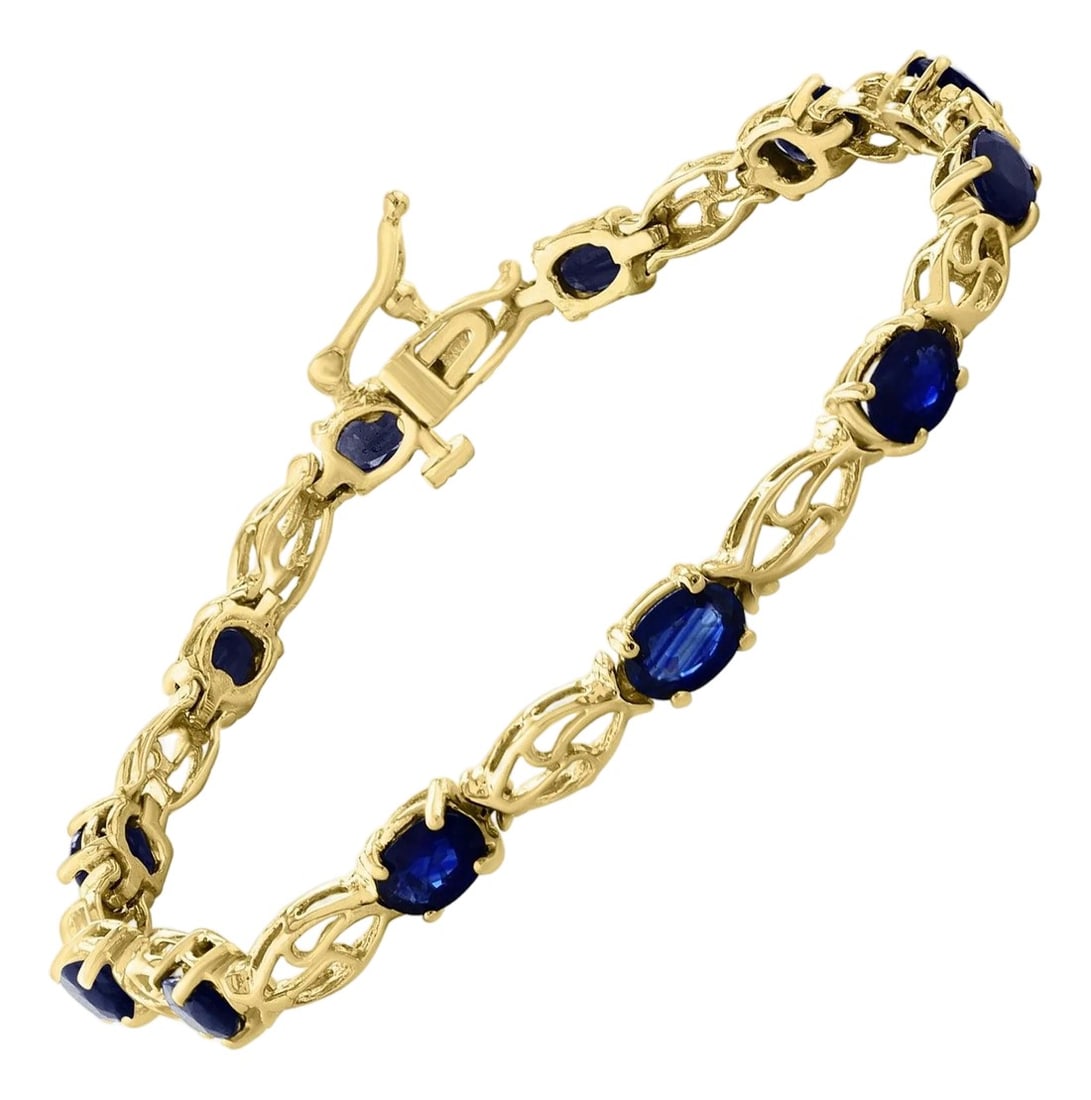 8Ct Natural Oval Blue Sapphire Tennis Bracelet 14 Karat Yellow Gold, 7 Inch Long (1 of 17)