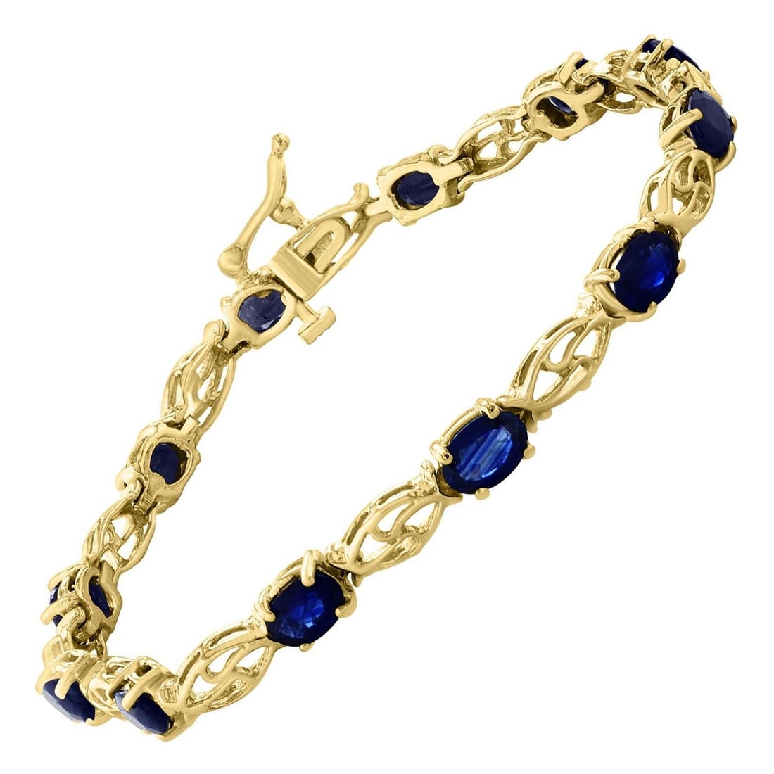 8Ct Natural Oval Blue Sapphire Tennis Bracelet 14 Karat Yellow Gold, 7 Inch Long - 9