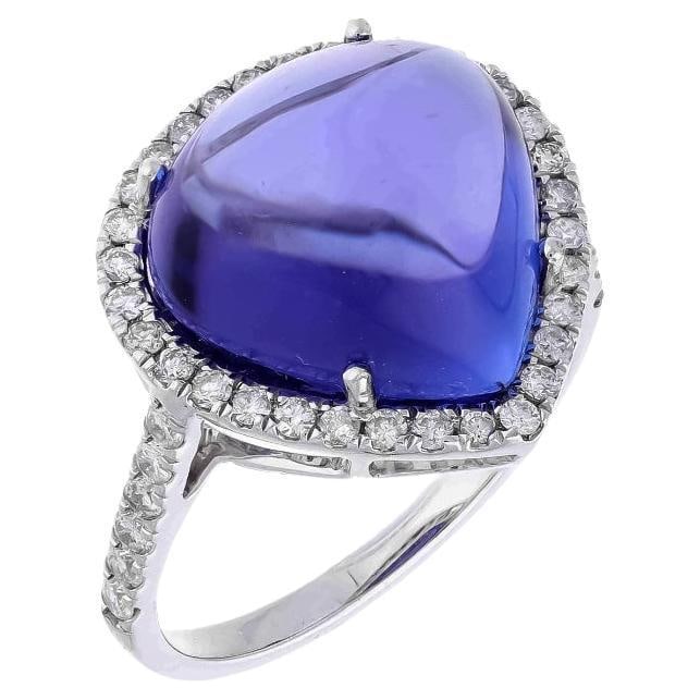 10.10 Ct Natural Tanzanite Cabochon & 0.40 Ct Natural Diamond Ring in 18KW Gold - 2